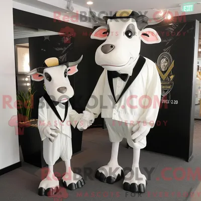 Produktbild von Maskottchenfigur REDBROKOLY eines weißen Zebus mit Smoking und Krawatte