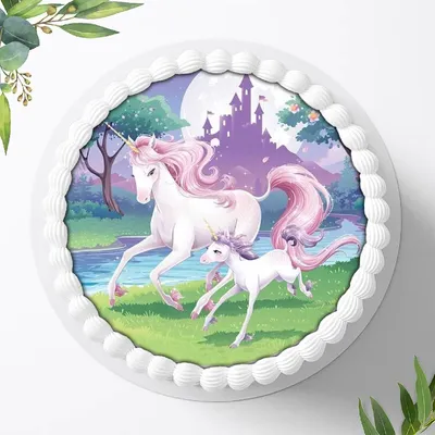 Produktbild von Für die Geburtstags Torte ein Tortenaufleger, Zuckerbild mit dem Motiv: Einhörner, Essbares Foto für Torten, Fondant, Ø 20cm, 7000aa