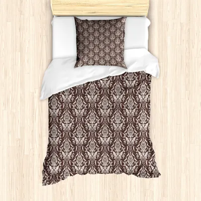 Produktbild von ABAKUHAUS Damast Mantele, Wildblumen Blätter Curls, Milbensicher Allergiker geeignet mit Kissenbezügen, 135 cm x 200 cm - 80 x 80 cm, Dunkelbraun Creme