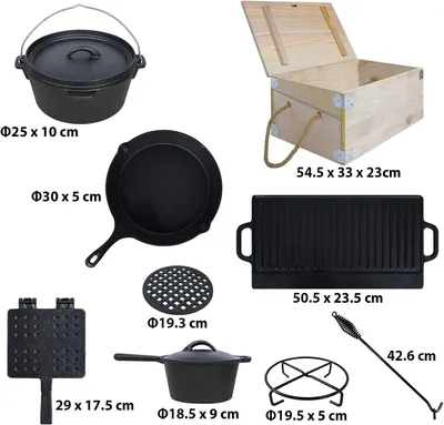 Obrázek produktu pro Sessamen-LP Sada holandské trouby 12 dílů v dřevěné krabici, příslušenství pro kempování a grilování, litinový hrnec na oheň, litinový vaflovač, grilovací deska, s nožičkami a víkem pro venkovní a vnitřní použití