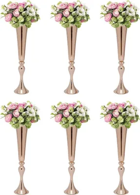 Imagen del producto de Juego de 6 jarrones metálicos dorados, soporte para flores ideal para centros de mesa de bodas, con una altura de 56,5 cm. Jarrones perfectos para bodas, fiestas, decoración de salones