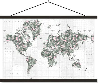 Produktbild von MuchoWow® Textilposter Weltkarte - Pflanzen - Rosa 120x80 cm mit schwarzem Rahmen - Wanddeko