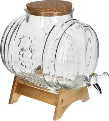 Produktbild von 5L Glasfass mit Zapfhahn & Holzständer – Großer Getränkespender Glas für Likör, Whisky, Wein & Schnaps – Vintage Fässchen mit Breiter Öffnung & Korken