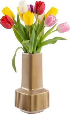 Produktbild von Vase Blumenvase aus Keramik mit Rillen Golden H 20 cm Glanz Dekorative Tisch Vase Vasen Blumen Deko Modern Glamour, dreidimensionales Muster, florale Inspirationen, lebendige Blumensträuße