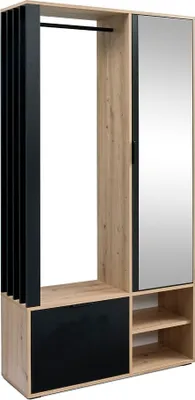 A modern wardrobe with a hanging rail, a shelf, a cabinet, and a mirror.