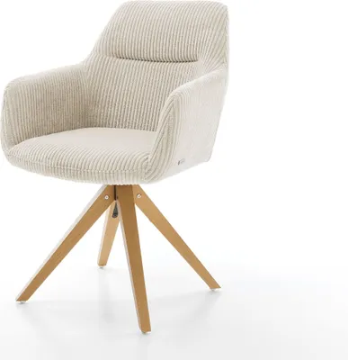 A beige corduroy armchair with a wooden base is shown against a white background.