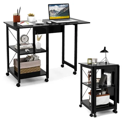 Produktbild von Klappbarer Computertisch mit 2 Ablagen und 6 Rollen, mobiler Bürotisch für das Heimbüro, 107,5 x 54 x 77 cm, Schwarz