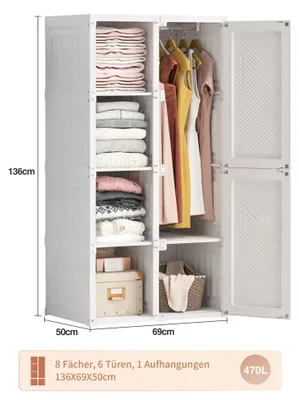 Produktbild von Kunststoff-Kleiderschrank - Garderobenschrank 69 × 50 × 136 cm - 8 Schubladen - Kleiderstange - Magnettüren - Einfache Montage - Weiß