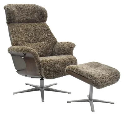 Produktbild von KAWOLA Sessel TOSAR Relaxsessel drehbar Schaffell grau mit Hocker
