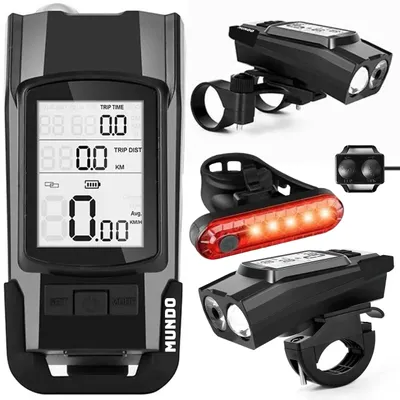 Obrázek produktu pro MUNDO® Cyklistické světlo T8 3v1 – LED, tachometr a klakson