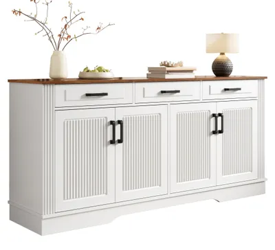 Productafbeelding van Moonbite dressoir, 160 cm, met verticale 3D-ribbels aan de voorkant, woonkamerkast met 4 deuren en 3 lades, gemaakt van MDF-plaat, wit
