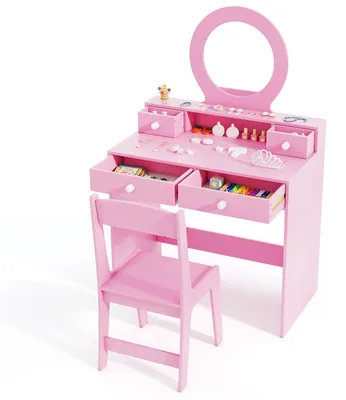 Produktbild von Kinder-Schminktisch mit Spiegel und Hocker, Frisiertisch für Kinder ab 3 Jahren mit Stauraum, offenem Regal, 4 Schubladen
