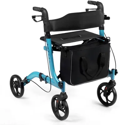 Produktbild von Aluminium Rollator Faltbar und Leicht, Gehhilfe für Senioren mit Sitz & Rückenlehne, Rollatoren Schmal, höhenverstellbaren Griffen, bis 136 kg, Blau