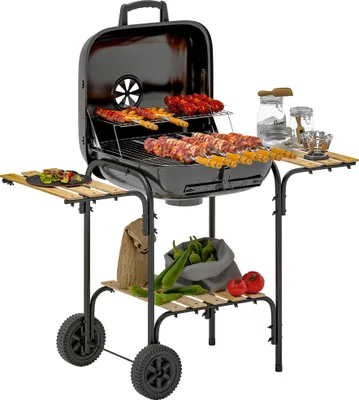 Produktbild von Outsunny Holzkohlegrill aus Stahl fahrbar Grillwagen mit abschließbarem Deckel