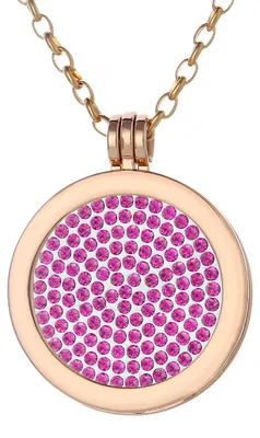 Zdjęcie produktu dla Naszyjnik damski Morella, złoty, 70 cm, ze stali nierdzewnej, z amuletem i monetką 33 mm, z różowymi kryształkami, w woreczku na biżuterię