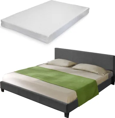 Image de Lit double textile + matelas Lit rembourré 180x200cm Lit sommier à lattes Tissu CORIUM