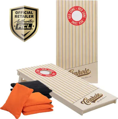 A collage of a cornhole set with two boards, bean bags, and an official retailer badge.