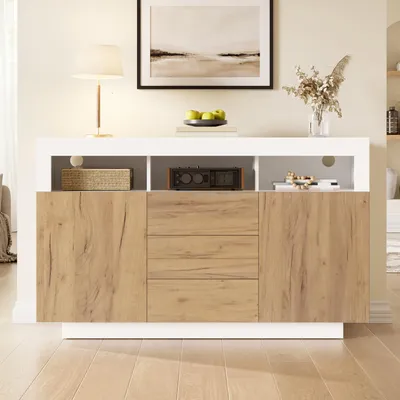 Immagine prodotto di Comodà Merax con 3 cassetti e 2 ante, mobile da salotto con ripiani aperti, mobile da cucina, mobile da ingresso da 140 cm, bianco+naturale