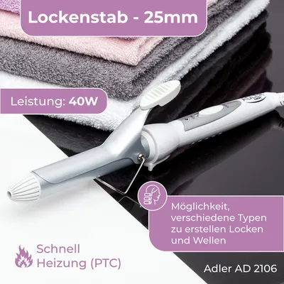 Produktbild von Adler AD 2106, Lockenstab, Warm, PTC-Keramikheizung, Metallisch, Weiß, 40 W, 220-240 V