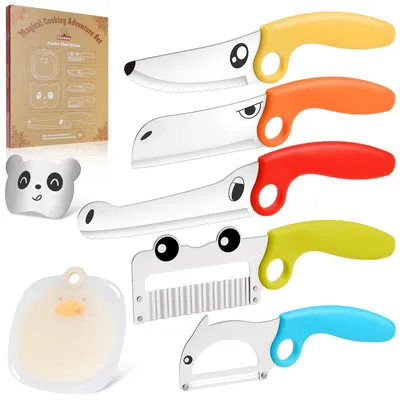 7-teiliges Kindermessenset mit Tiermotiven, Edelstahl, Fingerschutz