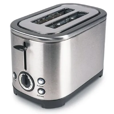 A stainless steel toaster on a white background.