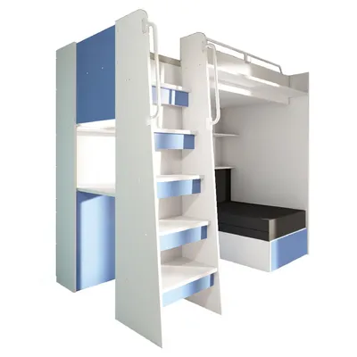 Produktbild von Marlux-Meble Hochbett JSM-7 90x200 TREPPE Links mit Schreibtisch Schränke und Ausklappbares Sofa 70x180 Matt Funktionsbett Etagenbett Stockbett Kinderhochbett Jugendhochbett (Hellblau Matt)