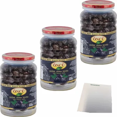 Produktbild von Öncü Schwarze Oliven Kaliber XL-L 3er Pack (3x500g PET-Dose) + usy Block