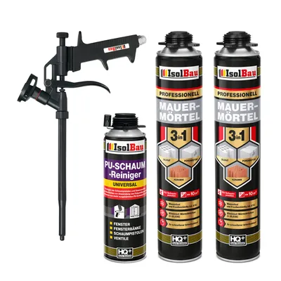 Produktbild von Isolbau Mauermörtel Pistolenschaum SET - Teflon Schaumpistole, PolyurethanReiniger Montageschaum Klebeschaum PolyurethanMörtel 2 x 750ml
