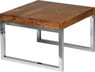Beistelltisch GUNA mit massiver Sheesham-Holzplatte in Dunkelbraun und silbernem Metallgestell, Gesamtansicht.