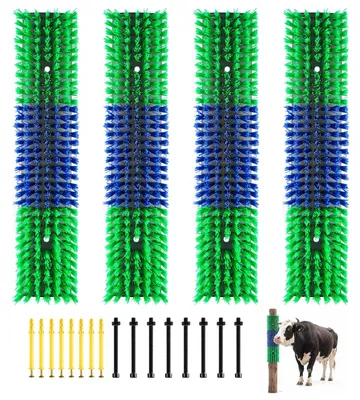 Obrázok produktu pre Kratšia kefa na zvieratá – súprava 4 ks – 43 x 10 cm – s 16 skrutkami na montáž – zmierňuje svrbenie a masíruje – vhodná pre dobytok, kone, ovce, prasatá – zelená, modrá