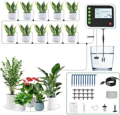 Image de Système d'arrosage automatique avec minuterie et pompe - Arrosage de jardin - Intérieur et extérieur - Légumes - Tuyau de refoulement