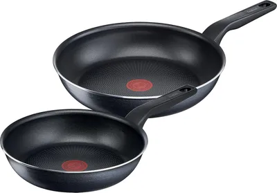 Produktbild von 2-teiliges Pfannenset | 24/28 cm | Antihaftbeschichtung | Thermosignal-Temperaturanzeige | Diffusionsbasis Pfannenbasis | Schwarz