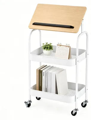 Obrázek produktu pro Malý počítačový stolek na kolečkách – L-tvarový stolek pro notebook – Výškově nastavitelná pracovní deska – Kovová konstrukce – Boční košík – Vhodný k pohovce a posteli – Hnědá barva