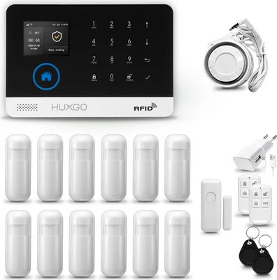 Produktbild von HUXGO HXA003 Alarmanlage Haus WiFi + GSM 4G LTE mit Sirene, Alarm System mit 12x Bewegungssensor und 1x Tür- Fenstersensor, Alarmanlage für Wohnung, Haus, Garage, Tuya Smartlife App