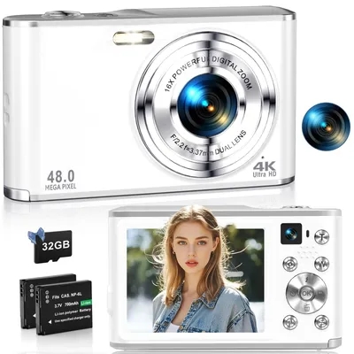 Zdjęcie produktu dla Cyfrowy aparat 4K, 48 MP, z autofocusem, aparat fotograficzny z podwójnym obiektywem, kompaktowy aparat fotograficzny