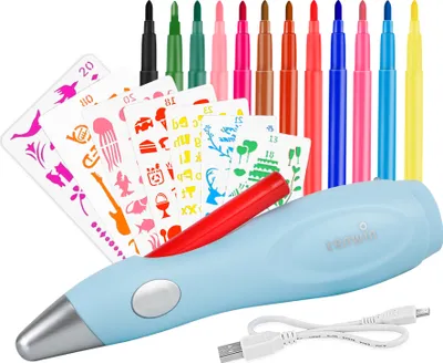 Produktbild von Forever Speed Elektrischer Farbsprühstift, airbrush set kinder mit 12 Filzstiften & 7 Schablonen, Airbrush Fun Farben sprühen für Kinder, Ungiftig