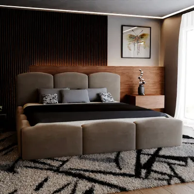 Image de Lit rembourré Bubble 180x200 cm avec coffre, sommier à lattes, tête de lit et matelas. Couleur : Beige