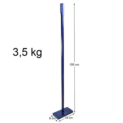 A blue concrete tamper with dimensions and weight indicated.