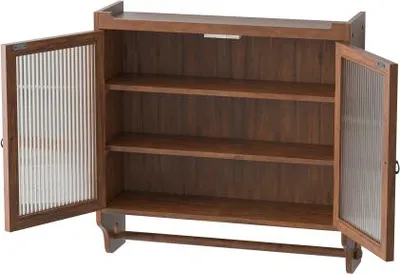 Produktbild von Vintage Wandschrank Mit Glastueren 63x60x18 cm Doppel Tuer 3 Ebenen Stauraum Mit Handtuchhalter Fuer Bad Kueche Esszimmer Braun