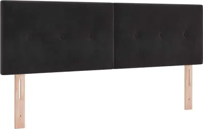 A black upholstered headboard with two wooden legs attached to the bottom, shown against a white background.
