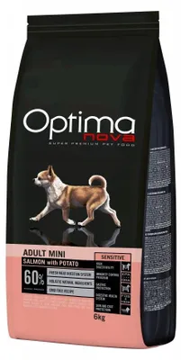 Imagen del producto de OPTIMANOVA Adult Mini Sensitive: alimento seco para perros adultos de razas pequeñas, sabor a salmón y patata. Envase de 6 kg