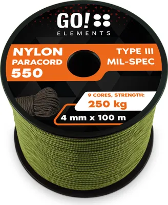 Produktbild von GO!elements 100m Paracord Seil aus reißfester Nylonschnur - 4mm Paracord 550 Typ III Schnur - geeignet als Allzweckseil & Reepschnur - Max. 250kg, Farbe: Oliv