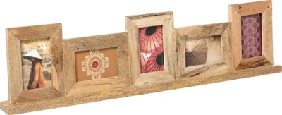 A wooden multi-photo frame with five different pictures displayed.