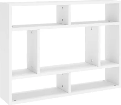 A white wall shelf with multiple compartments, shown against a white background.