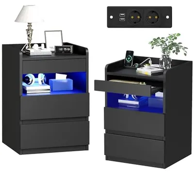 Immagine prodotto di Set di comodini - Mobiletto contenitore con cassetti - Ricarica dispositivi - Con LED e USB - 35 x 40 x 58 cm