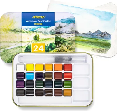 Produktbild von Artecho 34 Stk. Aquarellfarben Wasserfarben Künstler Set - 24 Farben, 1 Wassertankpinsel, 10 Blätter Aquarellpapier im Postkartenformat