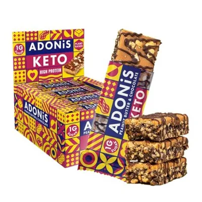 Produktbild von Adonis Keto Peanut Butter & Chocolate High Protein Riegel (16 x 45 g Riegel) | Vegan & Keto-freundlich | 100% natürlich | Glutenfrei, zuckerfrei,