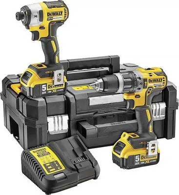 A set of DeWalt power tools including a drill, impact driver, charger, and storage case.