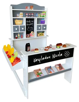 Produktbild von Kaufladen Nicola Kinder Kaufmannsladen aus Holz, Verkaufsstand Theke, Tafel, Seitentheke & Schublade Marktstand als tolles Geschenk, Grau