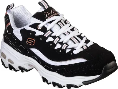 Produktbild von Skechers D'Lites DEVOTED FAN Damen Leder Sneaker Schwarz mit Air Cooled Memory Foam Einlegesohle und Schnürung
